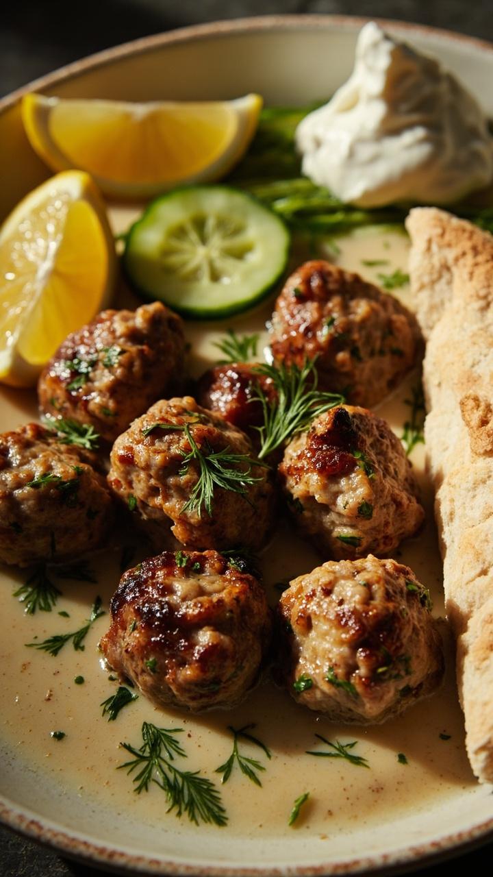 Lightly browned meatballs in a pale lemony sauce with flecks of green dill. A wedge of lemon on the side. Slices of cucumber and a folded pita leaning against the plate. A small dollop of plain yogurt on the rim.