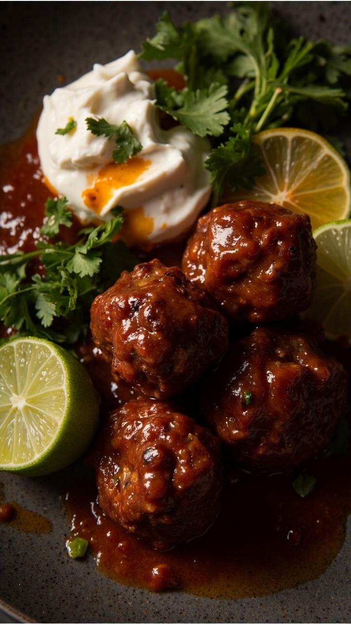 Dark reddish brown meatballs coated in a thick chipotle sauce with visible flecks of pepper. A spoonful of cool sour cream beside the meatballs. Lime wedges and chopped cilantro as garnishes on a dark plate.