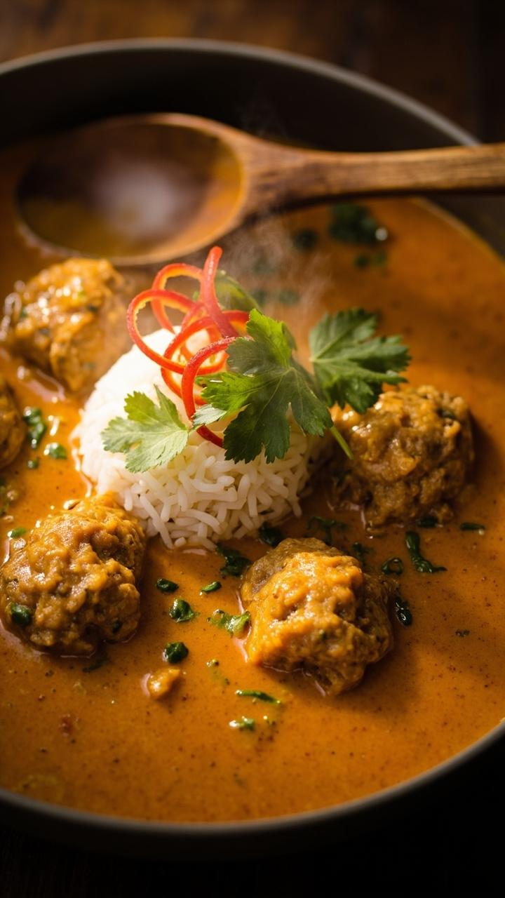 Golden orange coconut curry sauce with meatballs nestled in it. A small heap of jasmine rice beside them. A scattering of fresh cilantro leaves and thinly sliced red chili on top. A wooden spoon resting in the bowl.