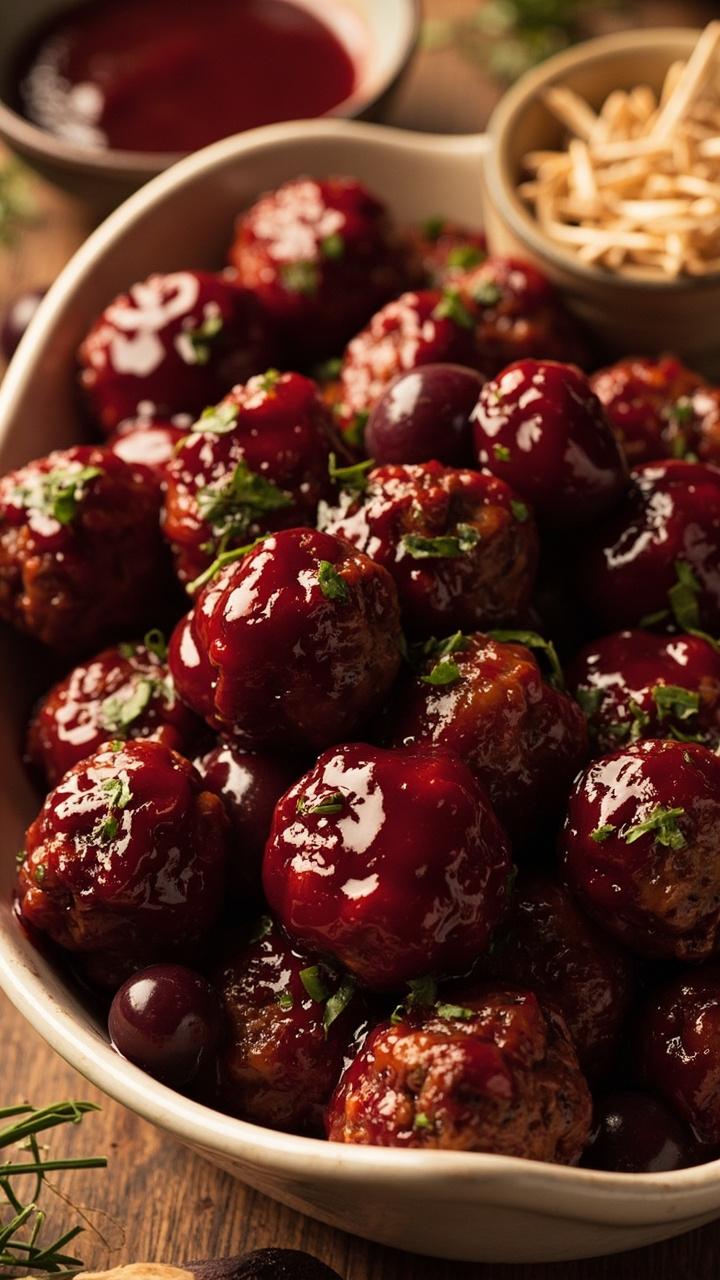 Shiny ruby cranberry grape glaze coating rounded meatballs in a shallow festive dish. A few whole grapes and a scattering of chopped parsley on top. A small bowl of extra sauce on the side and toothpicks arranged nearby.