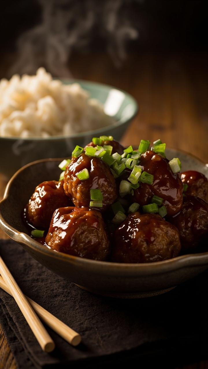 Dark gilded honey garlic sauce slick over browned meatballs in a shallow bowl. A sprinkle of chopped green onion on top. A small bowl of steamed rice alongside and a pair of chopsticks leaning on the bowl.