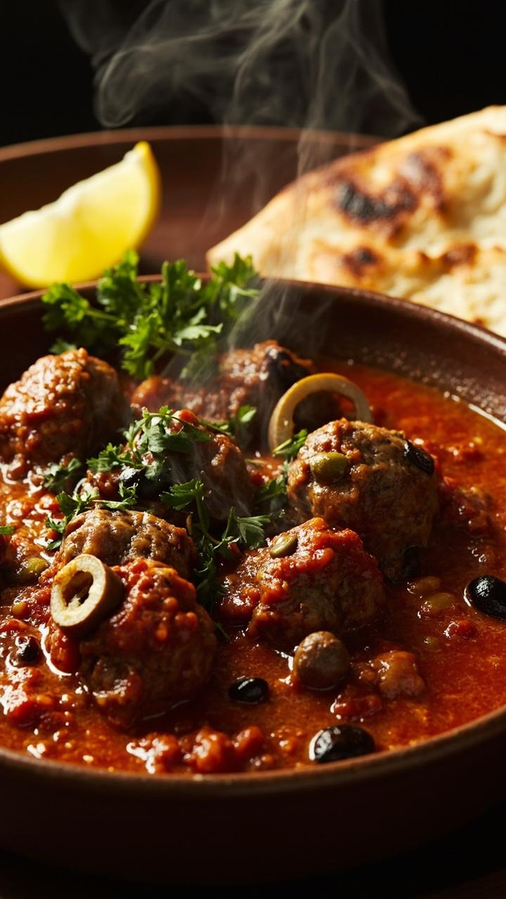 Chunky tomato olive sauce with meatballs studded with sliced Kalamata olives and capers in a wide shallow bowl. A wedge of lemon and a scattering of chopped parsley on top. A flatbread folded at the edge of the plate.