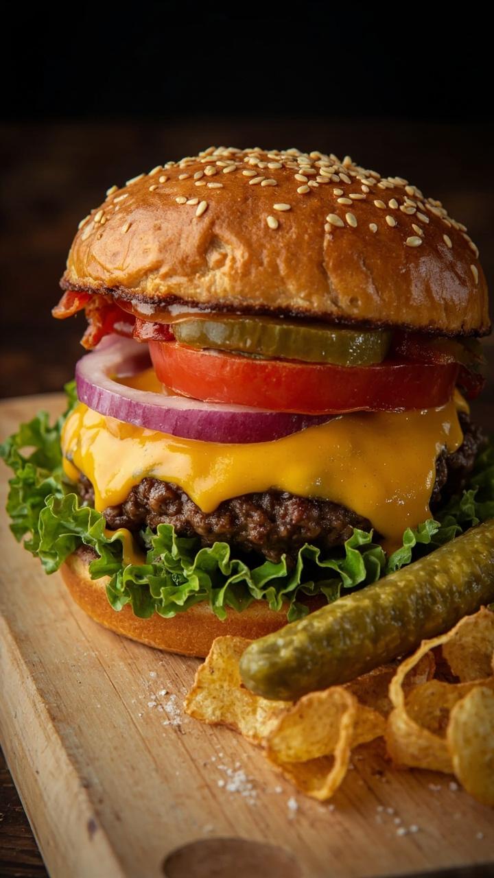 A golden toasted sesame bun holding a thick beef patty melted with cheddar, crisp green lettuce, two tomato slices, thin red onion rings, a pickle on the side, and a small pile of kettle chips on a plain wood board