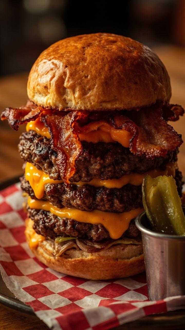 Two thin, deeply browned smashed patties stacked on a toasted potato bun with melted cheddar, crisp bacon strips visible, a smear of mustard on the top bun, and a small metal cup of pickles on the side on a checked napkin