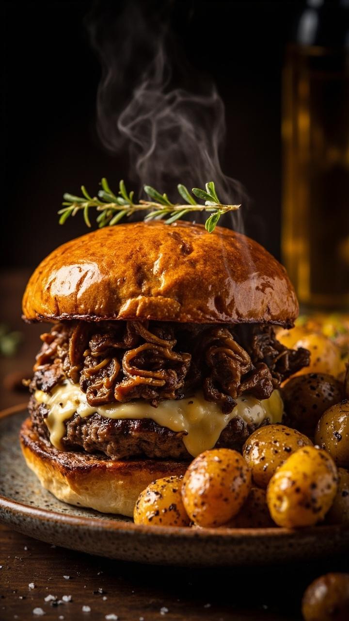 A glossy toasted bun with a thick beef patty topped with melted Swiss, a generous pile of caramelized brown mushrooms, a sprig of thyme for color, and a small side of roasted baby potatoes on a ceramic plate