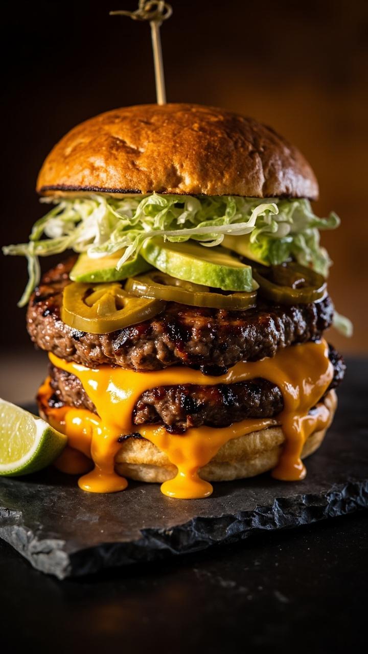 A charred beef patty with melted orange pepper jack oozing over the edge, sliced pickled jalapeños on top, crisp iceberg lettuce, cool avocado slices, all on a toasted bun with a lime wedge on a small slate board
