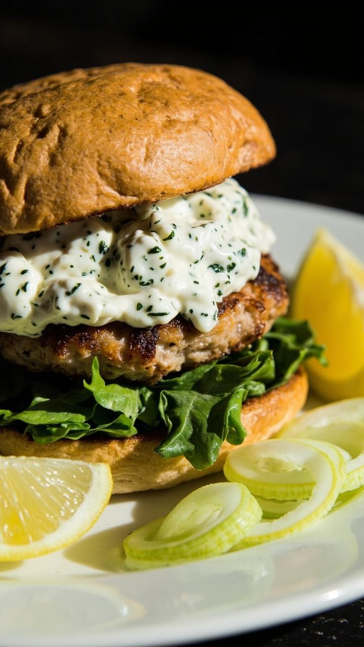 A golden turkey patty on a whole wheat bun with a smear of herby yogurt sauce, baby arugula, thin cucumber ribbons, and lemon wedges arranged on a white plate
