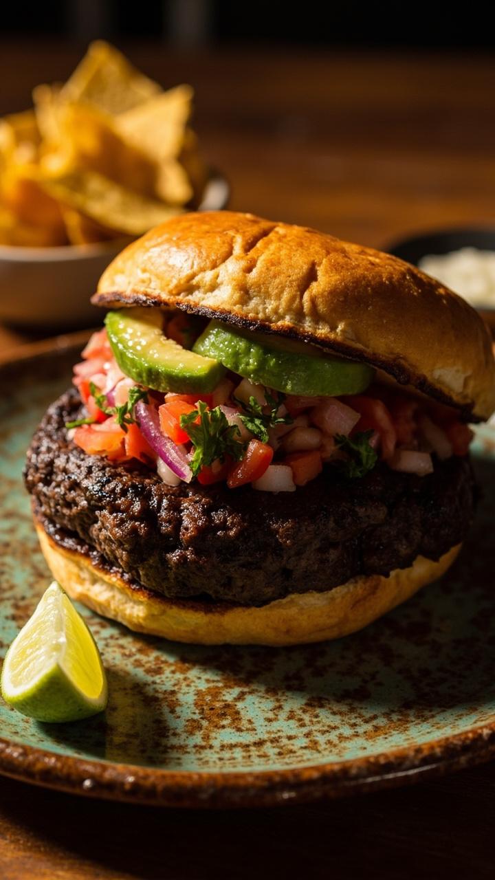 A dark charred black bean patty on a toasted bun with bright pico de gallo on top, a wedge of lime, a slice of avocado, and a small bowl of tortilla chips on the side on a rustic plate