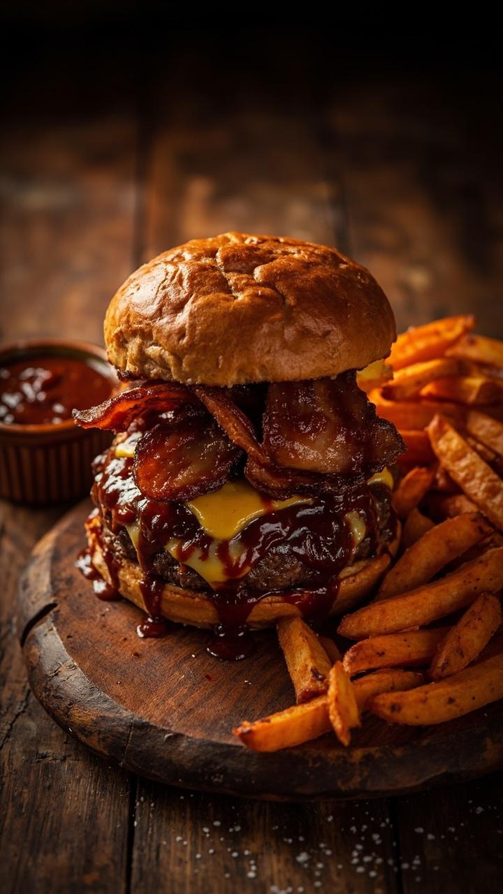 A glossy burger topped with sticky dark BBQ sauce and melted cheddar, two strips of bacon crossing on top, a side of crispy sweet potato fries, and a small ramekin of extra sauce on a wooden board