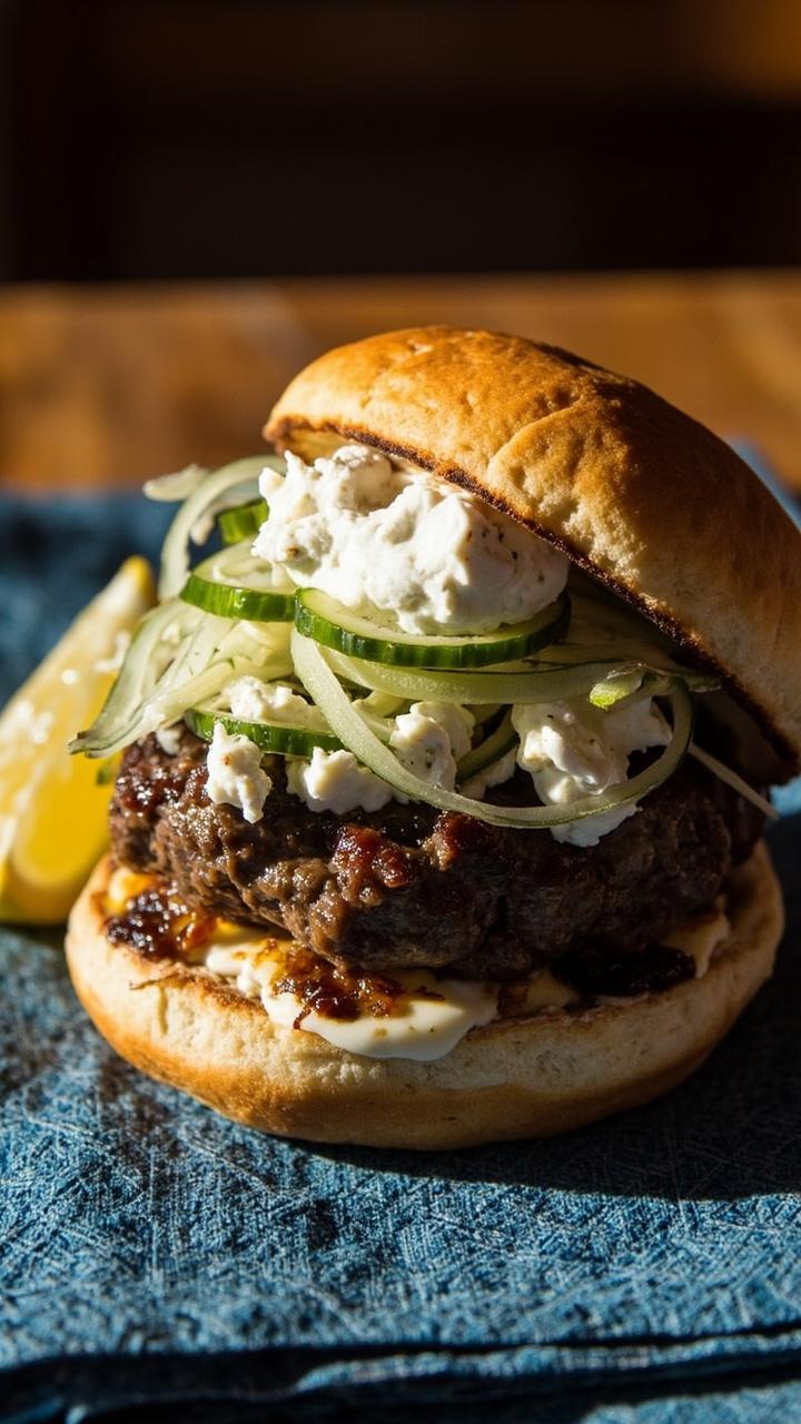 A toasted bun with a browned lamb patty, crumbled white feta, thin cucumber ribbons, a dollop of tzatziki, and a lemon wedge set on a blue patterned cloth napkin