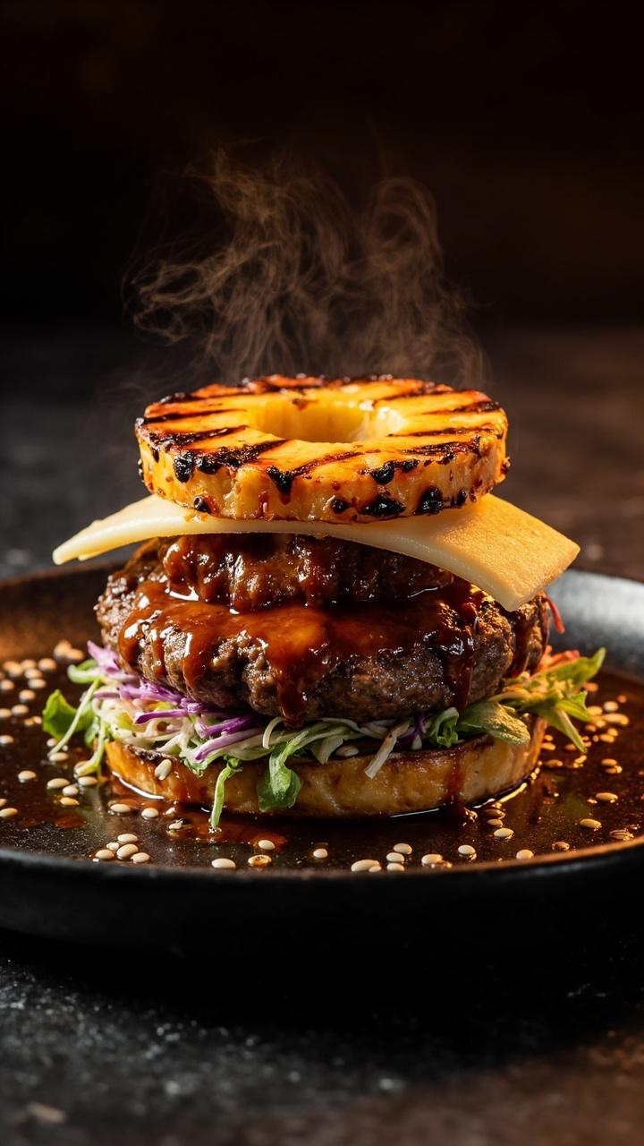 A glossy teriyaki glazed patty topped with a charred pineapple ring, melted Swiss or provolone, shredded cabbage slaw peeking out, and sesame seeds sprinkled on a dark serving plate