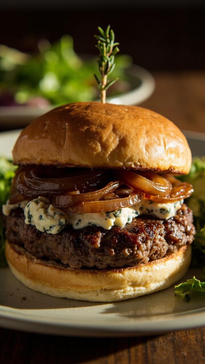 A juicy patty topped with crumbled blue cheese and glossy caramelized onions, a sprig of fresh thyme for garnish, served on a thick rustic bun with a side of mixed green salad on a light colored plate