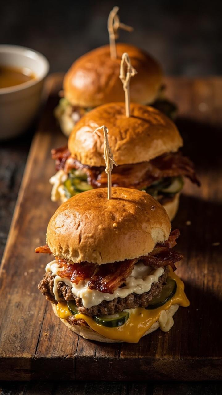 Three small sliders on a wooden board arranged in a row showing different toppings one with melted cheddar and bacon, one with pickled jalapeños and pepper jack, and one with feta and cucumber slices, a few toothpicks holding them together and a small bowl of dipping sauce
