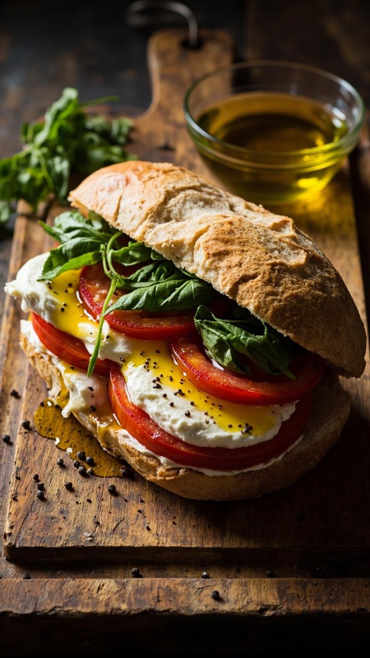 A toasted ciabatta half with melted mozzarella slices, thick ruby tomato slices, bright green basil leaves, a drizzle of olive oil, a light scattering of coarse black pepper, sandwich placed on a wooden board with a small bowl of extra olive oil beside it