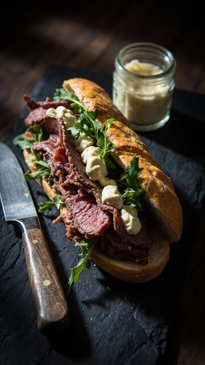 Open ciabatta with thin slices of medium rare roast beef piled high, dollops of pale horseradish aioli, a few crisp arugula leaves, sandwich set on a dark slate board with a rustic knife and a small jar of extra aioli