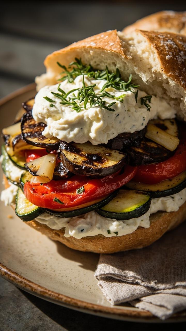 Half ciabatta layered with grilled zucchini ribbons, charred red pepper strips, thin eggplant slices, spread of white herbed goat cheese, sprinkle of chopped parsley, plated on a ceramic plate with a linen napkin