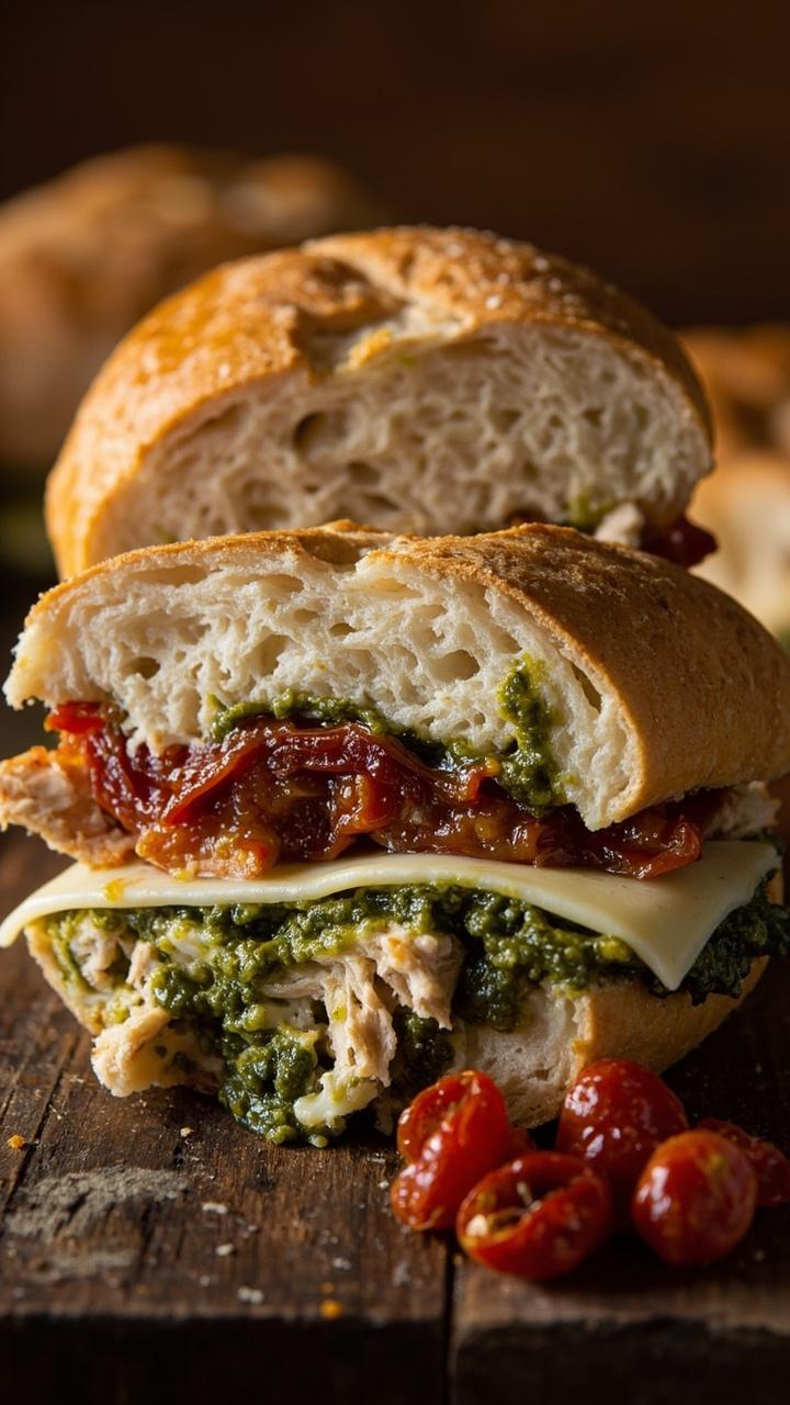 Halved ciabatta stuffed with shredded roasted chicken tossed in green basil pesto, slices of deep red sundried tomatoes, melted provolone peeking out, sandwich on a wooden board with a small pile of sundried tomatoes beside it