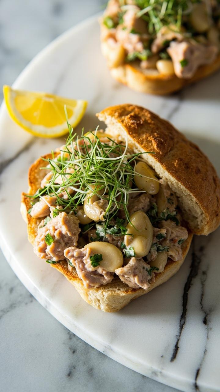 Open ciabatta layered with chunky tuna and white bean salad made with olive oil and herbs, scattered microgreens on top, sandwich on a marble slab with a lemon wedge nearby