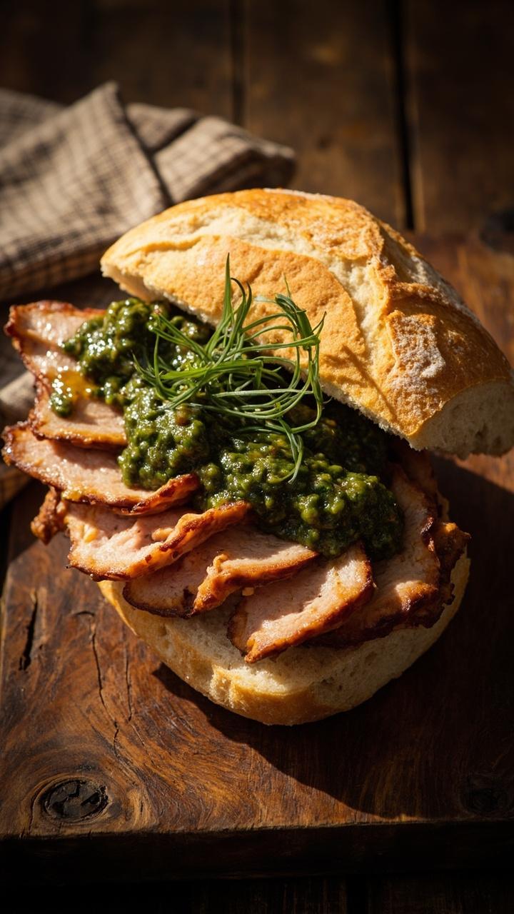 Toasted ciabatta filled with thin slices of herb roasted pork, bright green salsa verde spooned over the meat, a few crisp fennel fronds as garnish, sandwich on a wooden board with a folded checked napkin