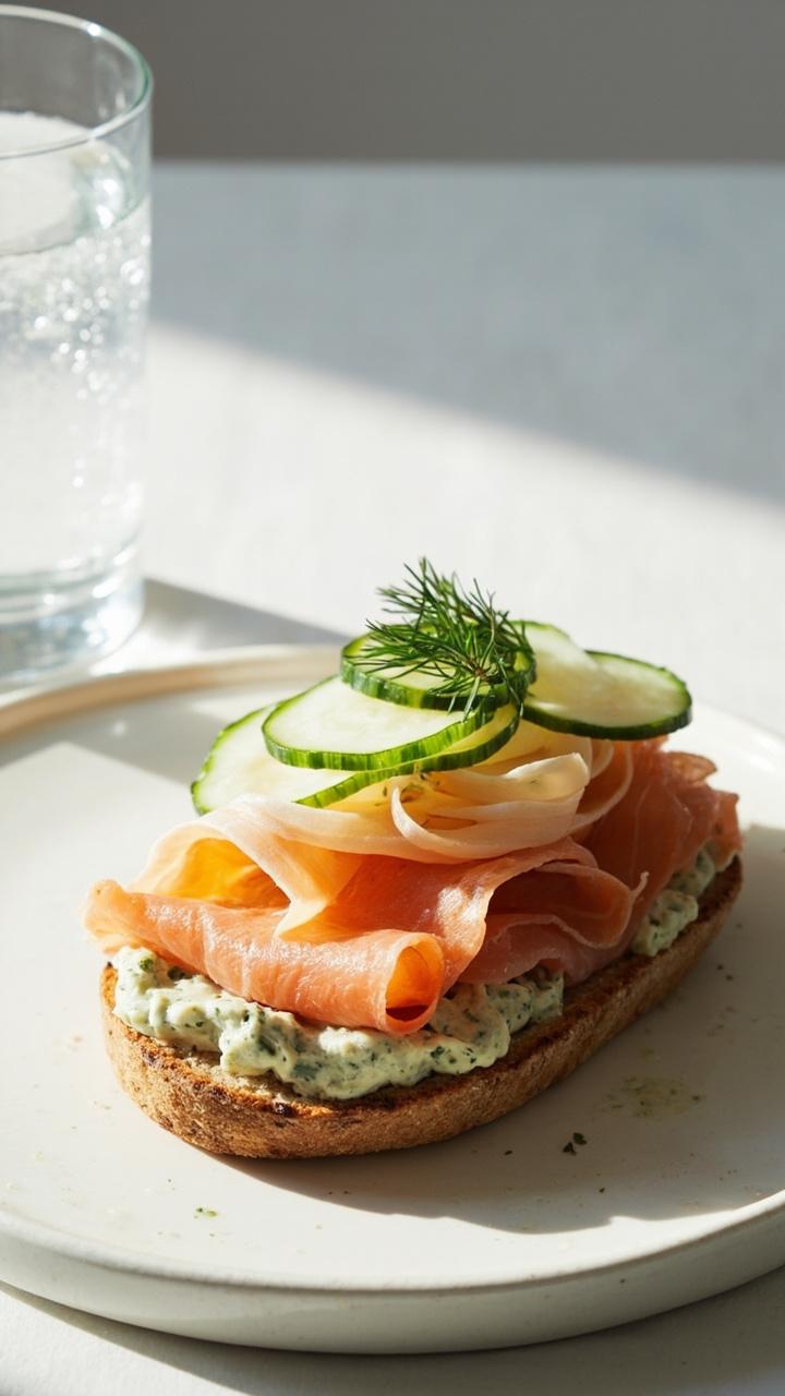 Open ciabatta spread with pale green dill cream cheese, thin folds of pink smoked salmon, stacked cucumber ribbons on top, small sprig of dill as garnish, sandwich on a white plate with a glass of sparkling water