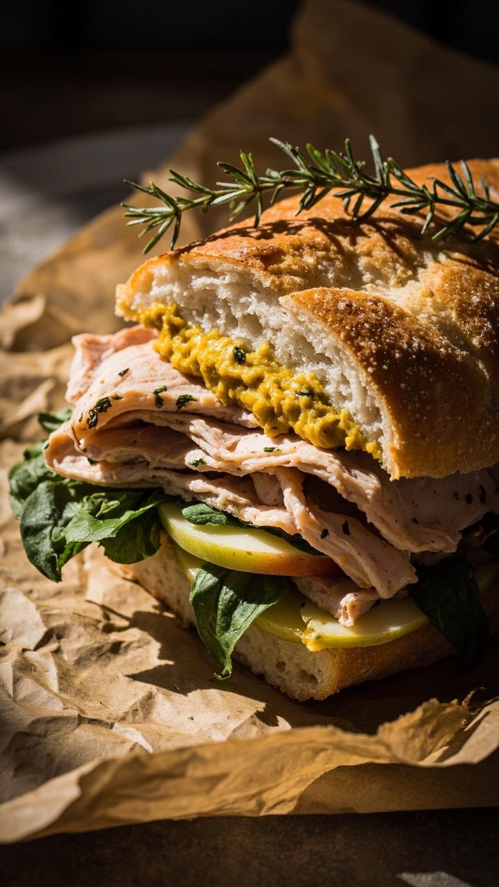 Ciabatta filled with thinly sliced roasted turkey marinated in herbs, thin apple slices, a smear of grainy mustard, a few spinach leaves, sandwich on a brown paper wrap with a sprig of thyme