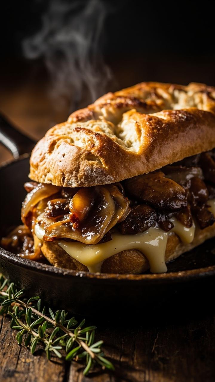 Toasted ciabatta overflowing with sautéed brown mushrooms, glossy caramelized onion ribbons, melted Swiss cheese oozing slightly, sandwich on a cast iron skillet rimmed with fresh thyme sprigs
