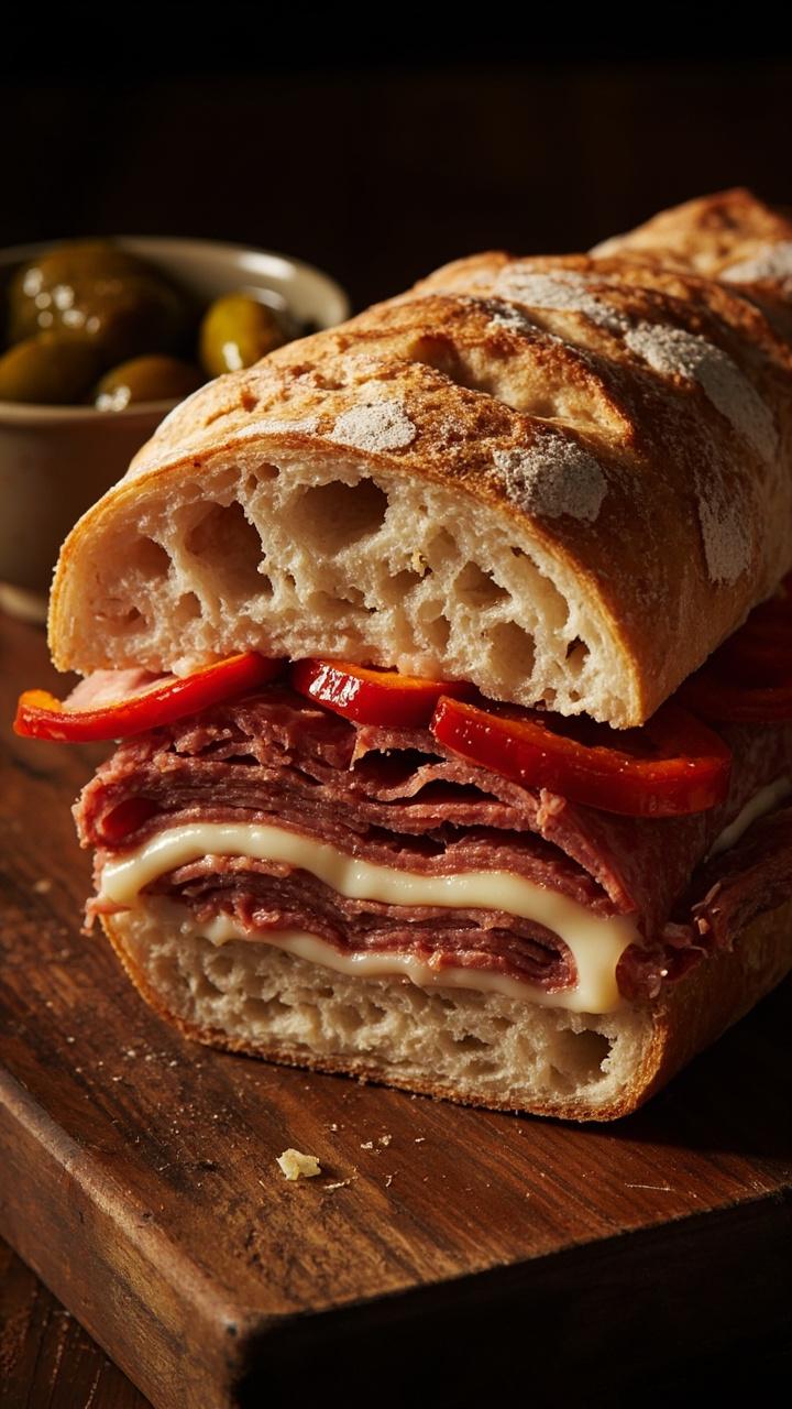 Ciabatta cut in half with overlapping slices of spicy salami, melted provolone, bright red pickled pepper strips tucked in, sandwich on a wooden cutting board with a small bowl of extra pickles