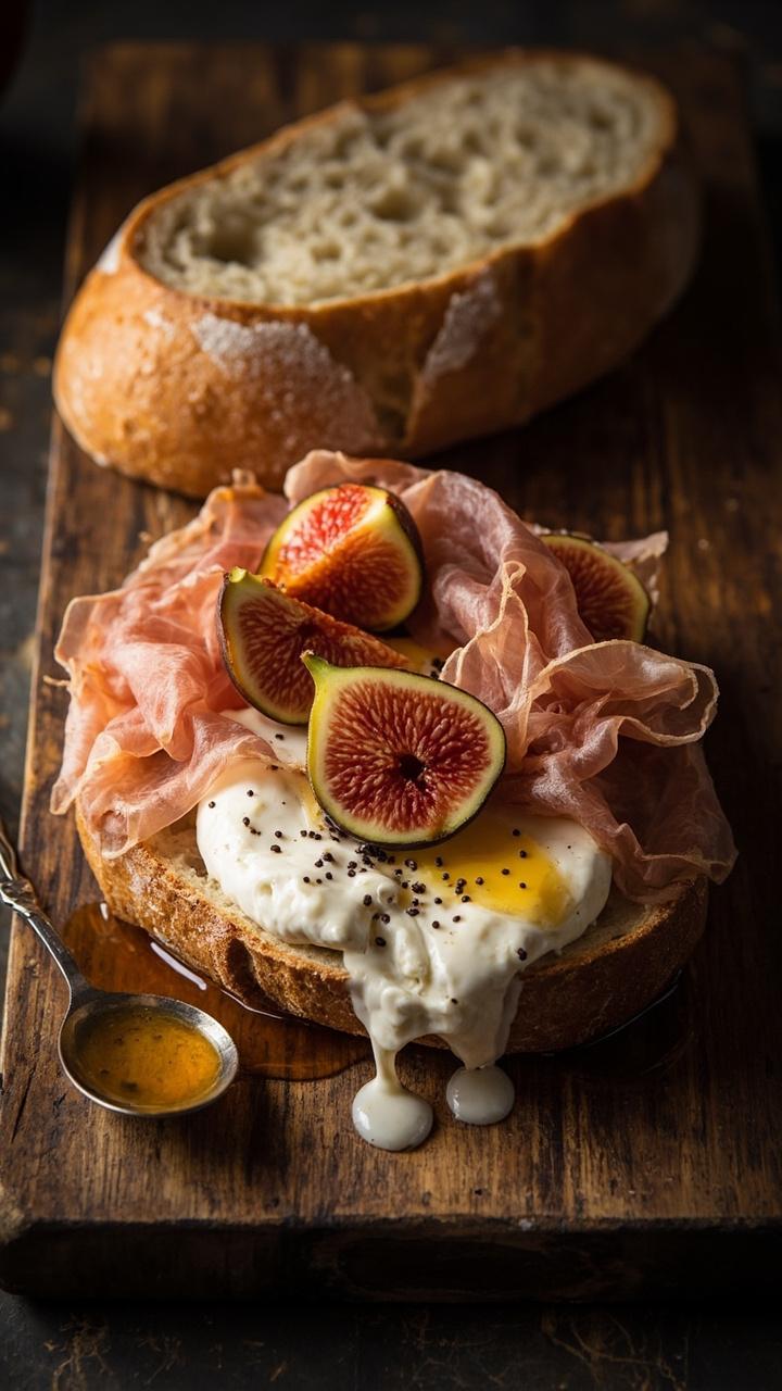 Split ciabatta with creamy burrata torn over the bottom, thin slices of prosciutto draped on top, halved fresh figs nestled into the cheese, drizzle of honey and cracked black pepper, presented on a wooden board with a small spoon of honey