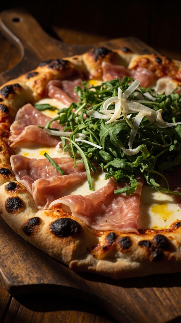 Thin blistered crust with melted mozzarella, delicate ribbons of prosciutto laid across the center, a loose pile of bright green arugula lightly coated in olive oil, thin curls of Parmesan on top, wooden board beneath