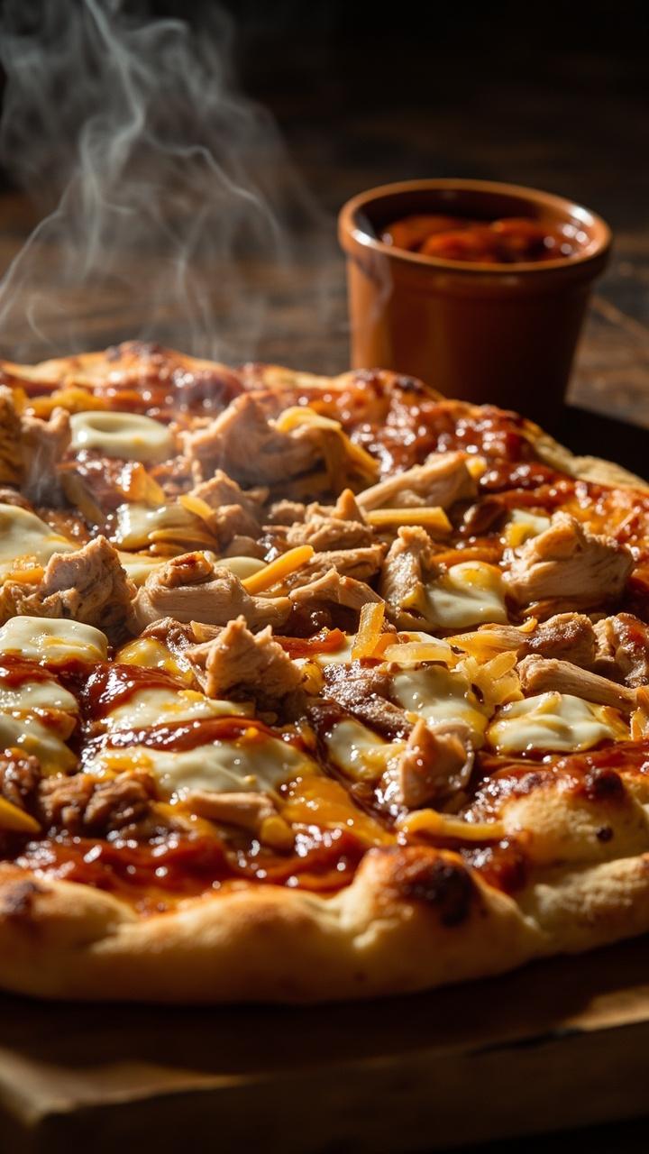 Golden crust brushed with glossy BBQ sauce, pulled chicken scattered across, thin ribbons of deep brown caramelized onions, melted patches of mozzarella and cheddar, a small bowl of extra sauce on the side