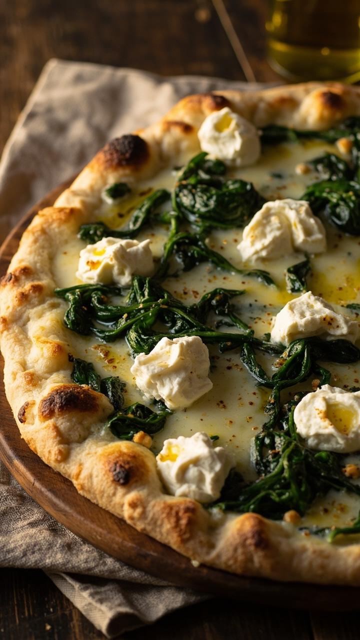 Pale gold crust dotted with white ricotta dollops, glossy wilted spinach and flecks of minced garlic, melted mozzarella threads, a light drizzle of olive oil, linen napkin under the board
