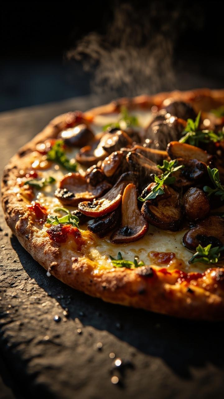 Thin crust topped with a glossy mix of sautéed wild mushrooms, melted fontina cheese beneath, scattered thyme leaves, a light drizzle of truffle oil after baking, slate serving board