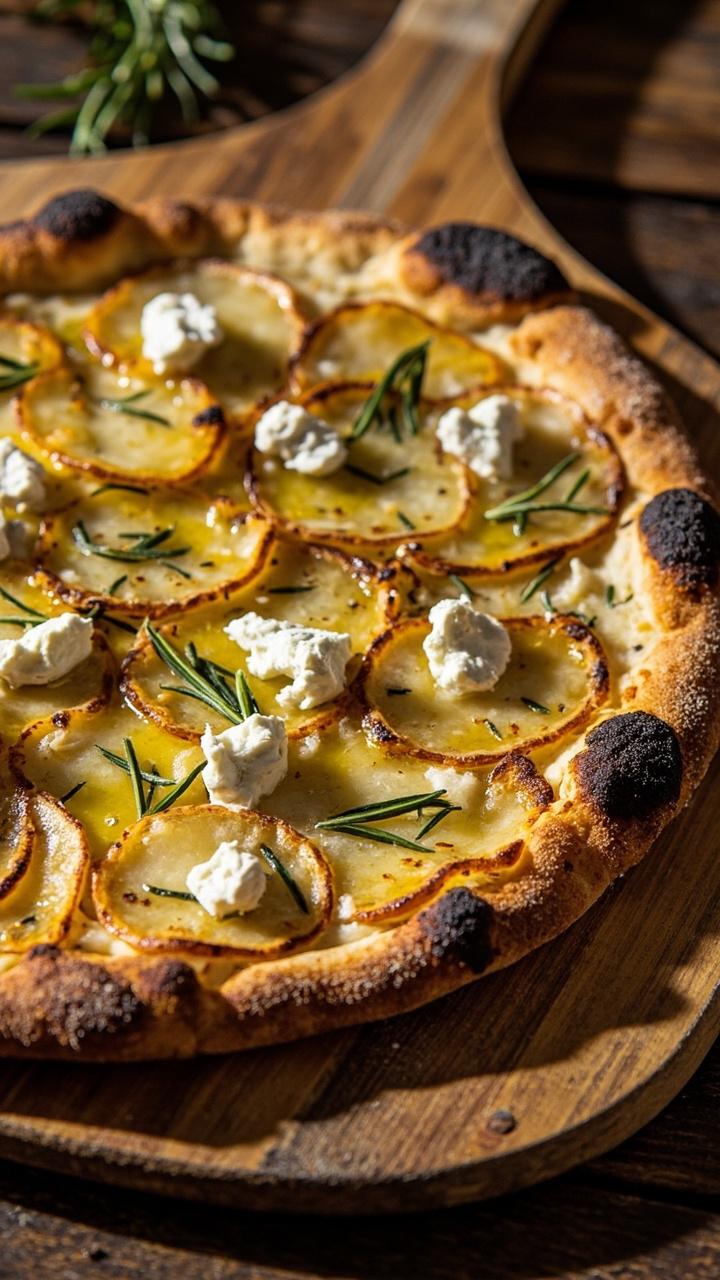 Thin crust scattered with overlapping thin potato slices, small dollops of ricotta, visible chopped rosemary, glossy olive oil sheen, wooden pizza peel under the pie