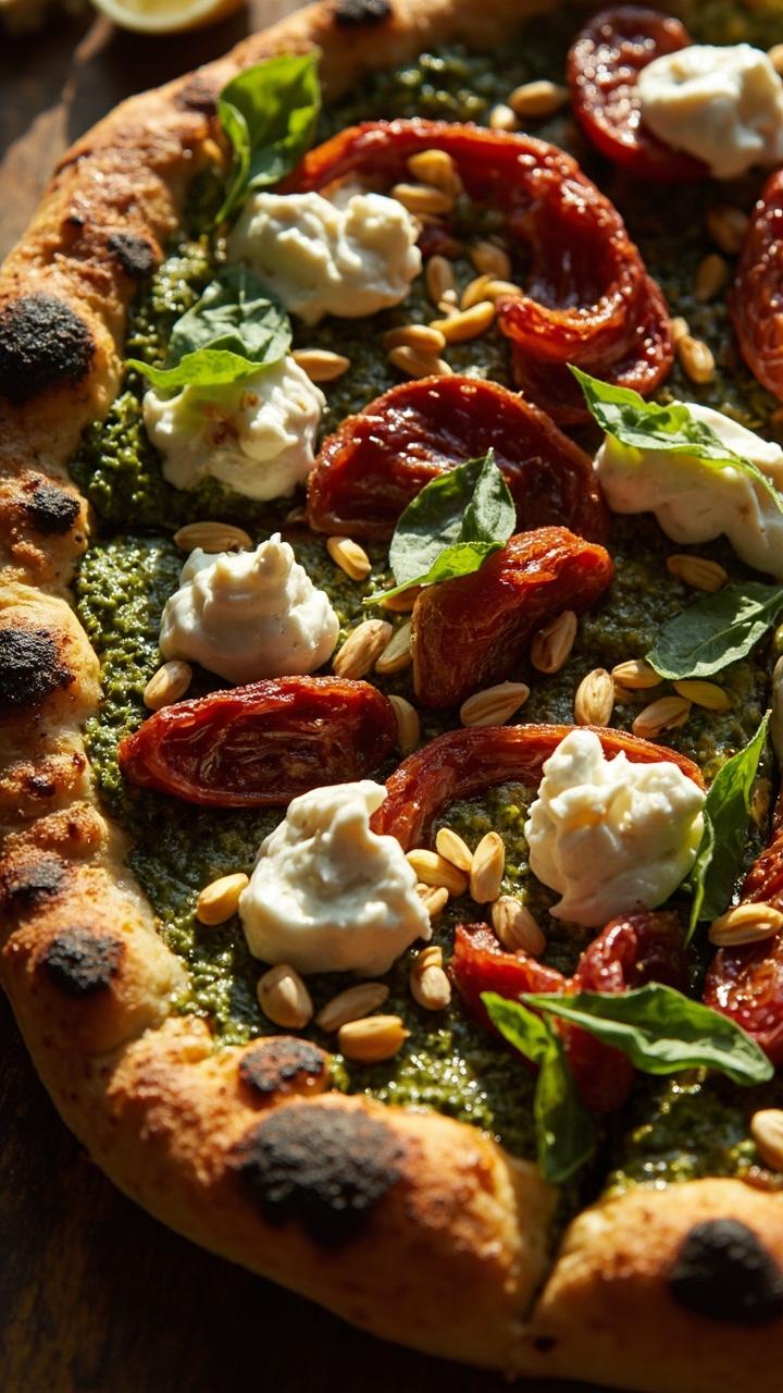 Green pesto spread across a blistered crust, white goat cheese dollops, strips of sun dried tomato, a few toasted pine nuts, small basil leaves scattered