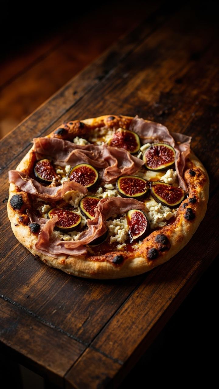 Thin crust layered with sliced fresh figs or fig jam, crumbled gorgonzola, ribbons of prosciutto placed after baking, thin streak of balsamic reduction, dark wood table beneath