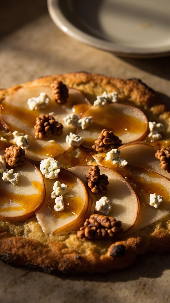 Golden crust topped with thin pear slices, crumbled blue cheese, scattered chopped walnuts, thin honey drizzle over the top, small white plate beside