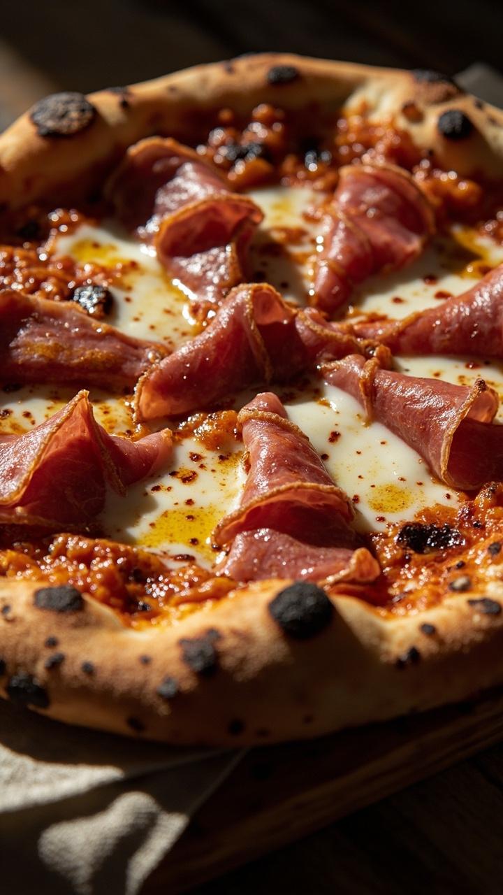 Crisp blistered crust with overlapping spicy soppressata slices, melted mozzarella, small red flecks of Calabrian chili oil, thin honey streak across the center, rustic napkin under the board