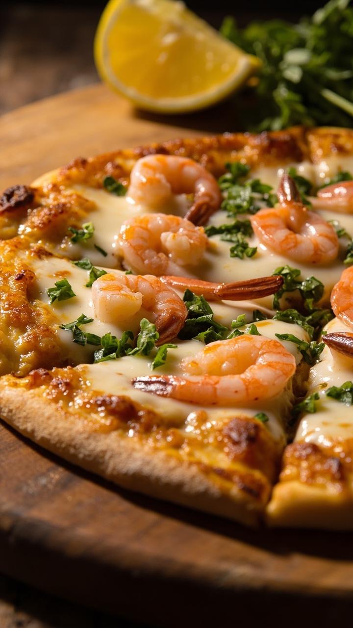 Thin crust brushed with garlic olive oil, pink garlic shrimp scattered across, melted mozzarella under the shrimp, chopped parsley scattered, lemon wedge on the side