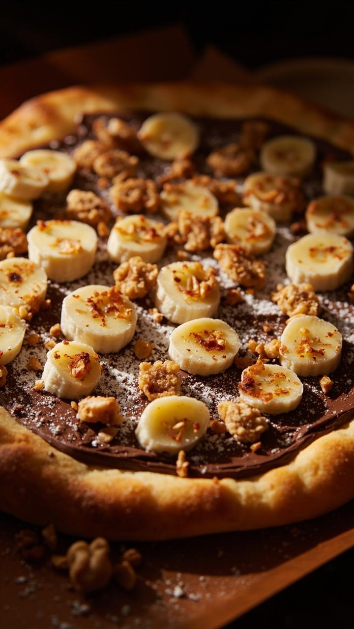 Golden pizza crust spread with glossy Nutella, even rows of banana slices, scattered toasted hazelnuts, faint dusting of powdered sugar, small dessert plates beside