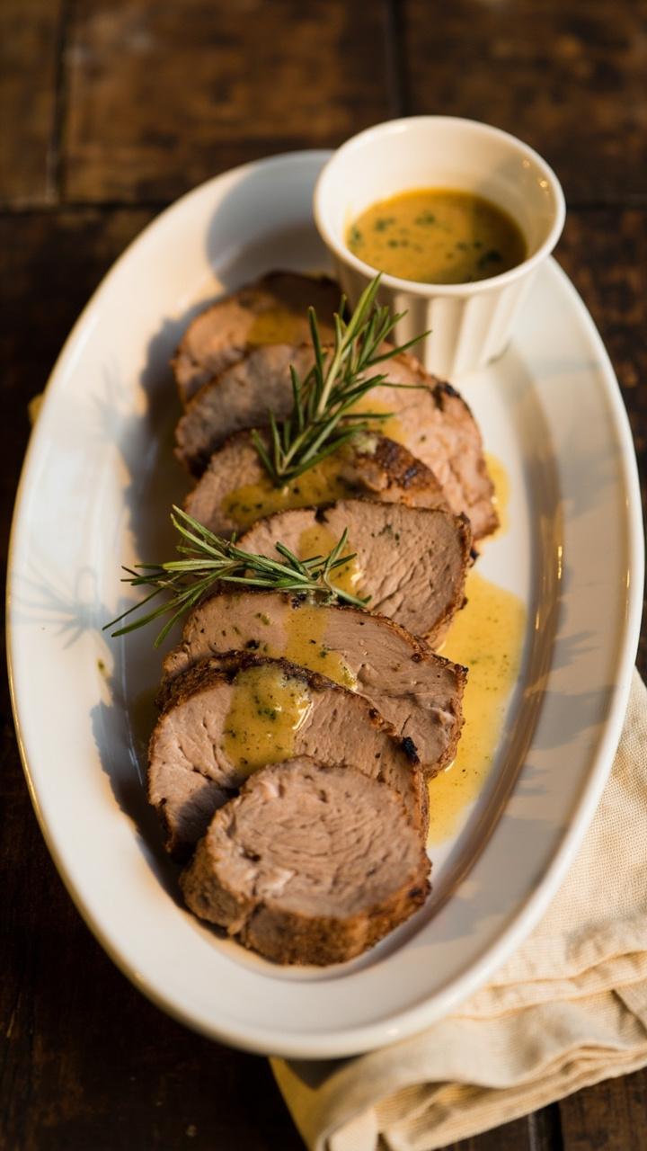 Sliced pork tenderloin arranged fanned on a white oval plate, light garlic herb sauce drizzled over, a sprig of fresh rosemary on top, a small ramekin of extra sauce to the side, wooden table and linen napkin