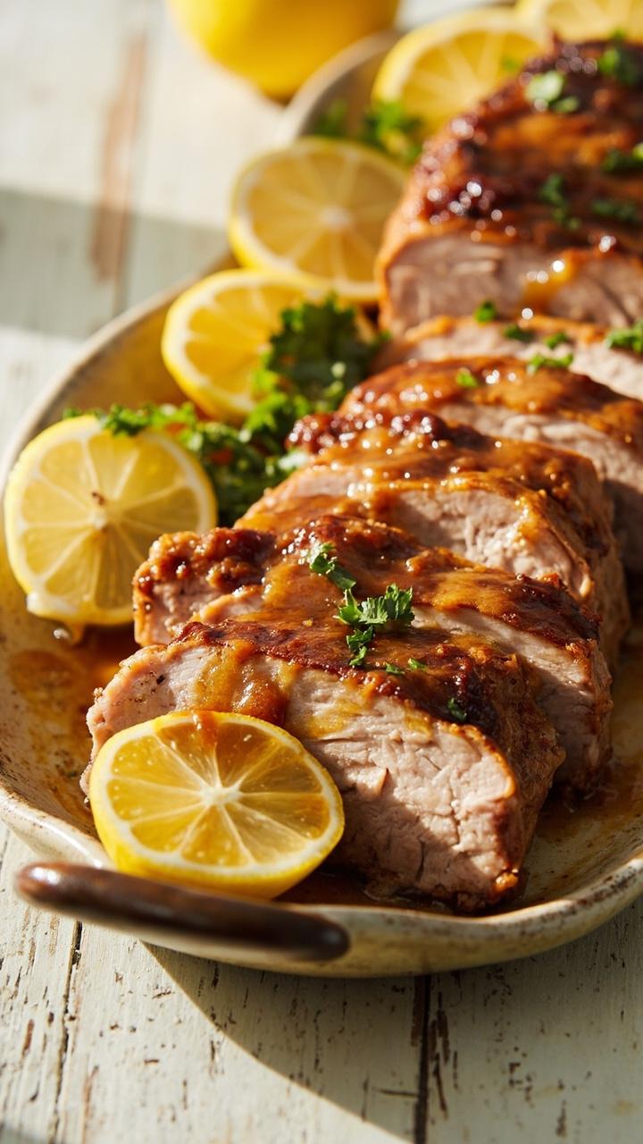 Thick slices of pork glazed with honey mustard sauce on a shallow ceramic platter, thin lemon slices tucked beside the meat, a small scattering of chopped parsley, pale wooden background