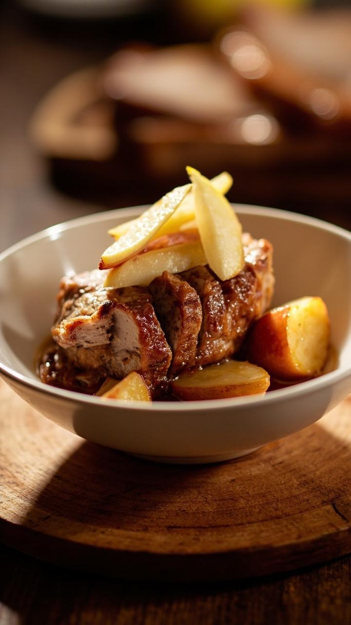 Slices of pork atop a bed of softened apple wedges in a shallow white bowl, glossy maple brown sugar glaze pooling beneath, a few thin apple slices for garnish, warm wood board underneath