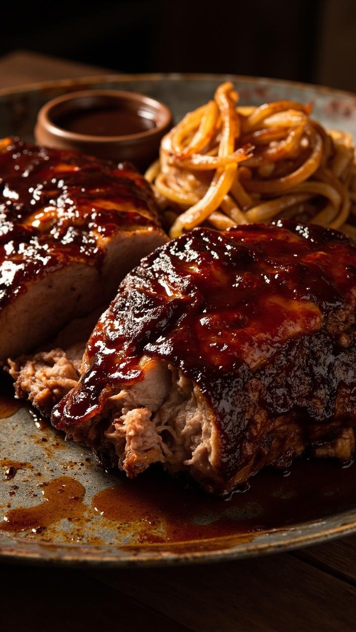 Thick slices of pork with glossy dark barbecue glaze, caramelized onion strands piled beside, a small ramekin of extra barbecue sauce, rustic metal tray background