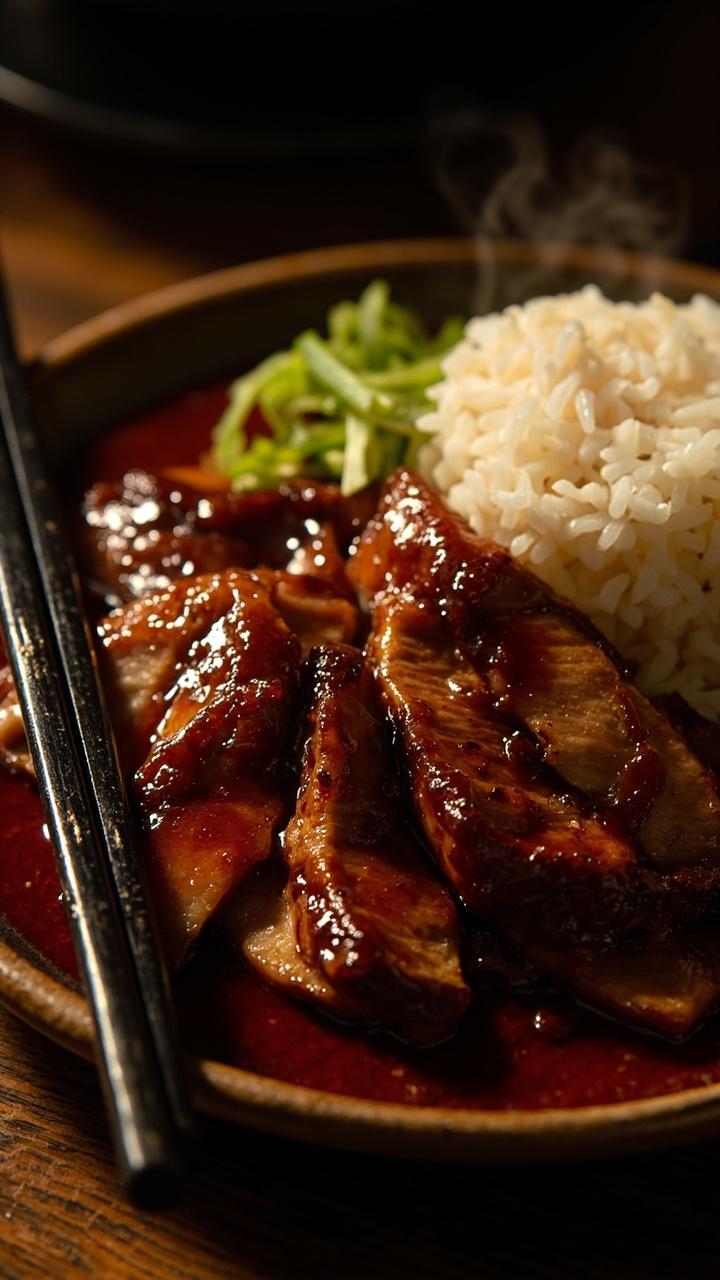 Sliced pork glazed with glossy soy ginger sauce on a round plate, a small mound of steamed white rice beside, thinly sliced scallions sprinkled on top, dark chopsticks resting on the plate edge