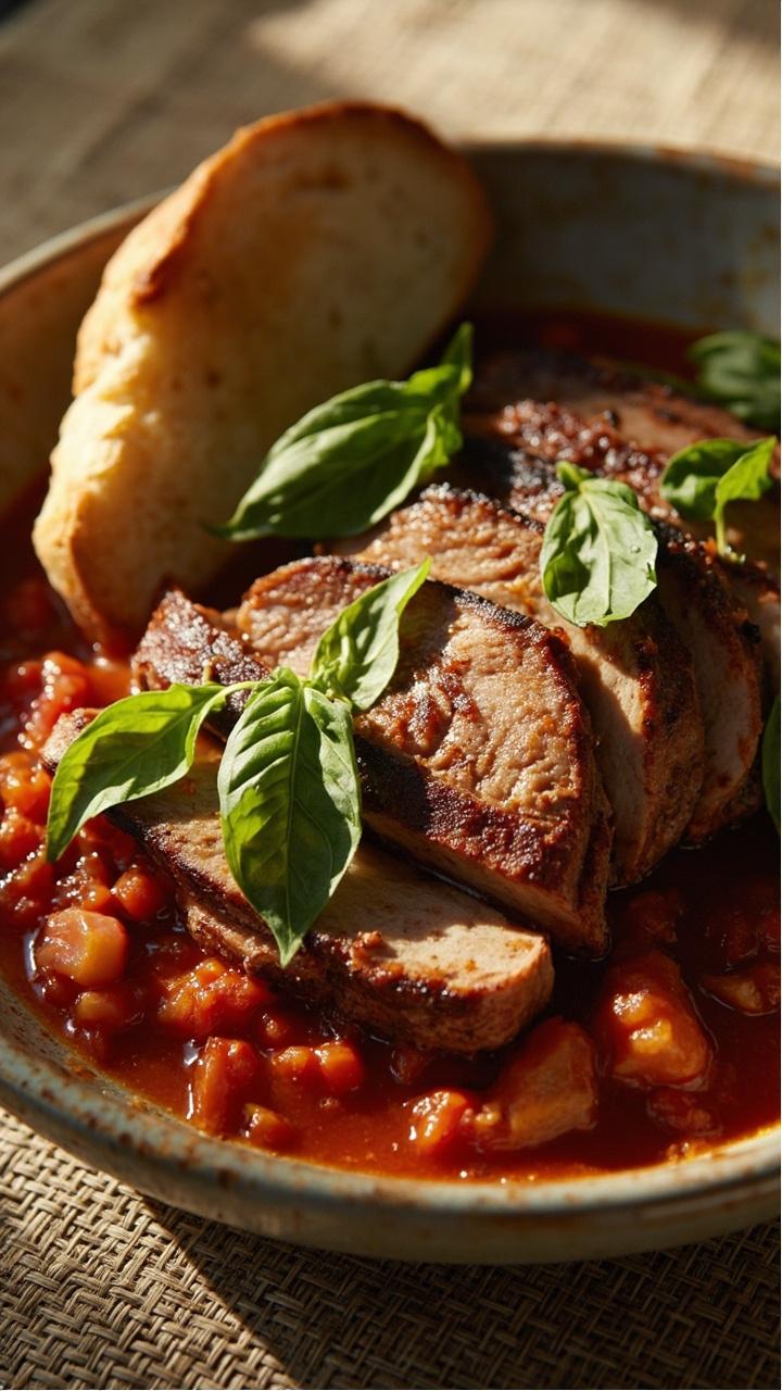 Sliced pork atop a shallow pool of chunky tomato basil sauce in a shallow bowl, torn basil leaves scattered on top, a wedge of crusty bread leaning against the bowl, linen placemat under the bowl
