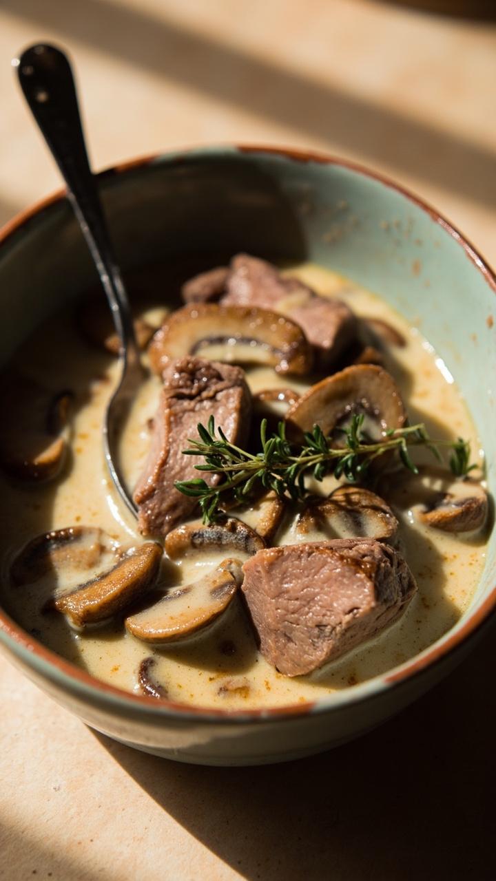 Slices of pork nestled in a creamy mushroom sauce in a shallow bowl, visible brown mushroom slices and thyme sprigs, small spoon resting in the bowl, warm neutral table surface