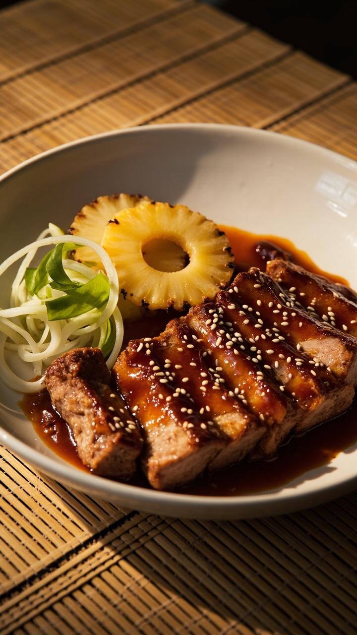 Sliced pork with glossy pineapple teriyaki glaze on a shallow plate, two caramelized pineapple rings beside the meat, a sprinkle of sesame seeds and thin scallion slices, bamboo placemat beneath