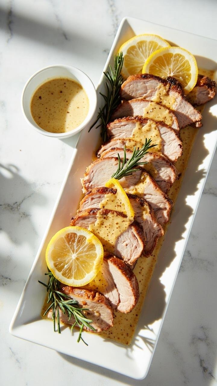 Slices of pork with thin lemon slices and light Dijon glaze on a rectangular white platter, a few sprigs of rosemary placed on top, small bowl of extra sauce nearby, light marble surface