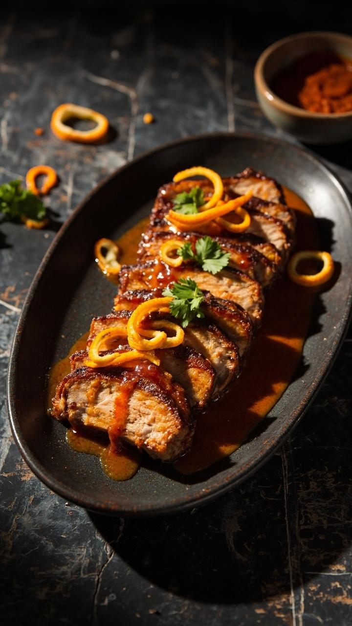 Sliced pork with deep orange chipotle glaze on a dark oval dish, thin orange zest twists and a few cilantro leaves for color, small bowl of extra glaze on the side, dark slate background