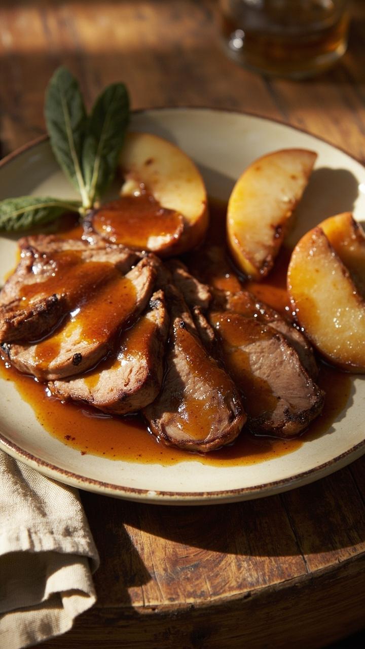 Sliced pork on a shallow cream colored plate with glossy apple cider sauce, a few cooked apple slices and a sage leaf garnish, rustic wood table and linen napkin